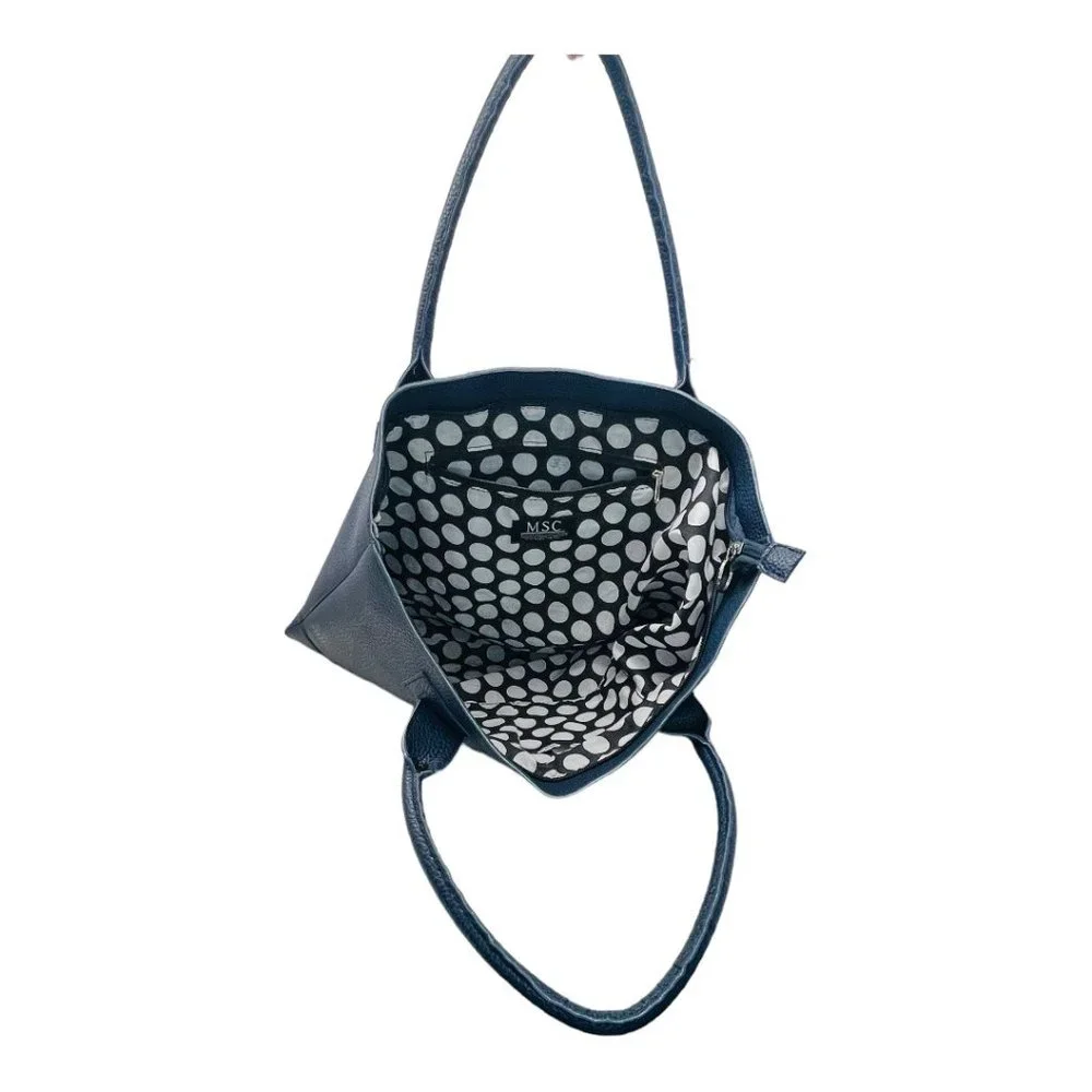 MSC Faux Leather Bucket/Tote Top Handle Bag With Polk Dot Interior - Picture 10 of 14